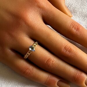 18K Gold Plated Stainless Steel Pear Cut Blue Stone Chain Band Adjustable Ring